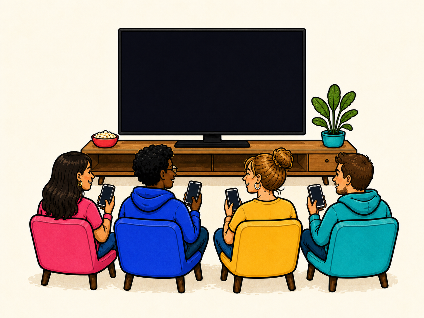 Four friends in colorful chairs holding phones in front of one shared TV