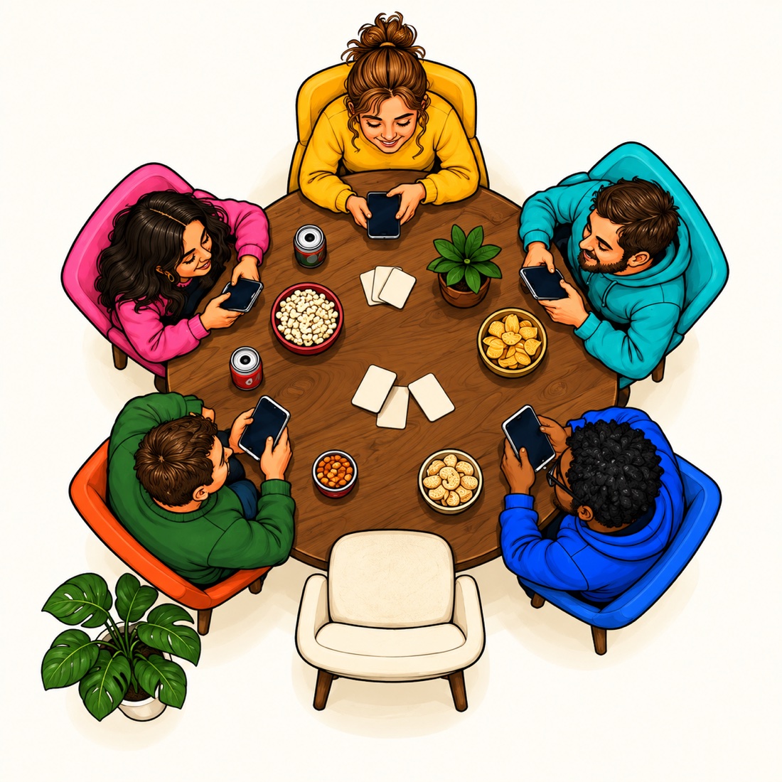 Friends around a table with private phones and one spare chair
